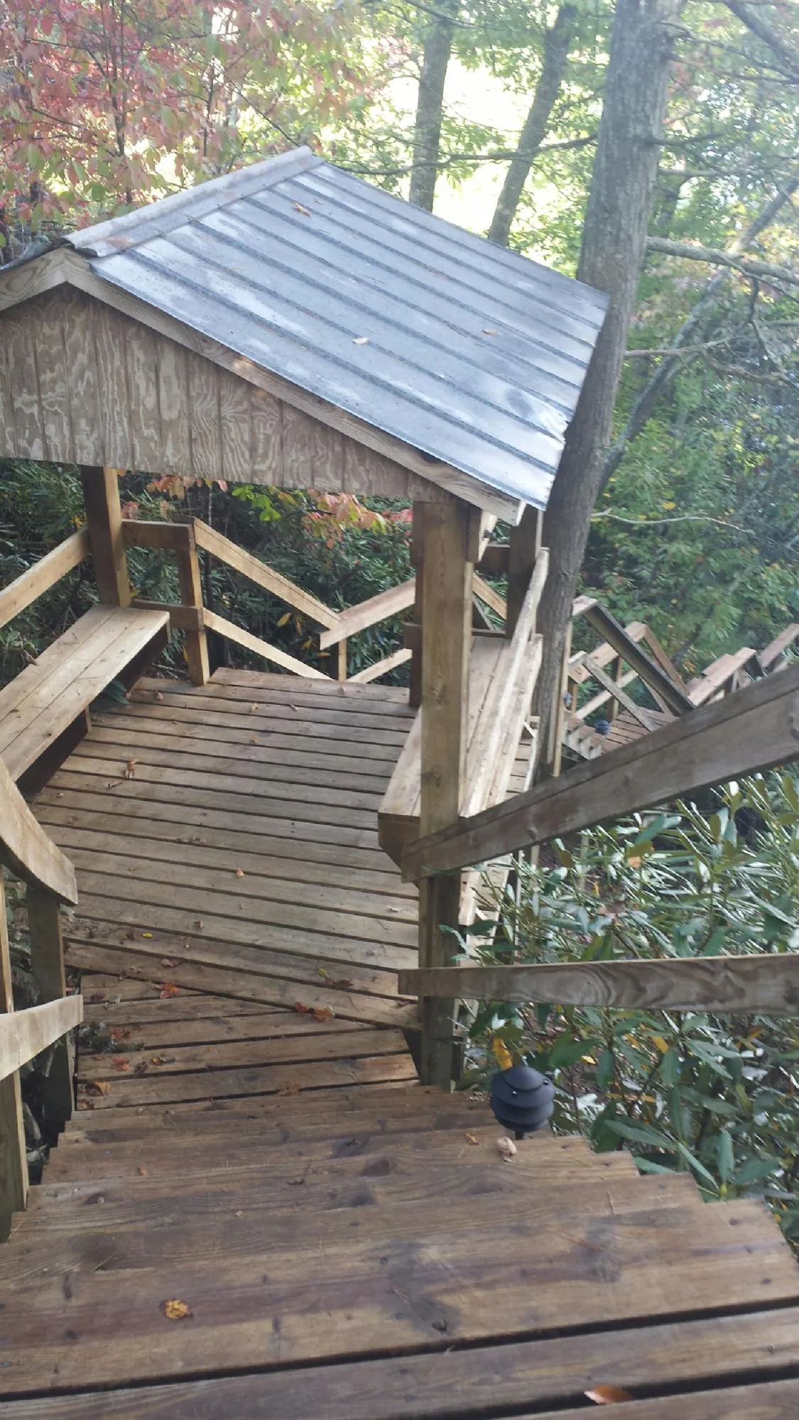 Metal roofed shelter over wooden steps on a wooded walkway — Skylight Repair & Installation work by our crew in Indian Springs